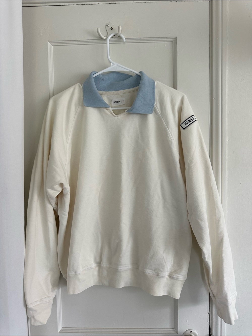 Cream Crewneck Sweater with Light Blue Collar